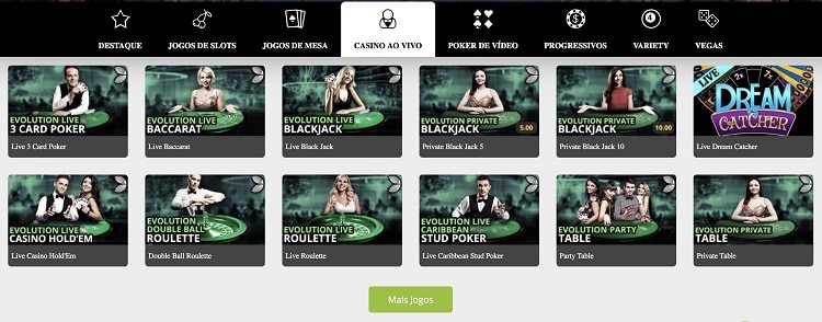 tela com as mesas disponíveis no cassino ao vivo