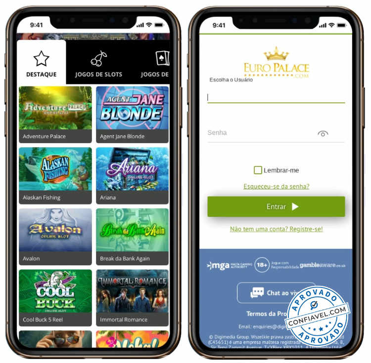 tela de jogos e cadastro do Euro Palace no celular