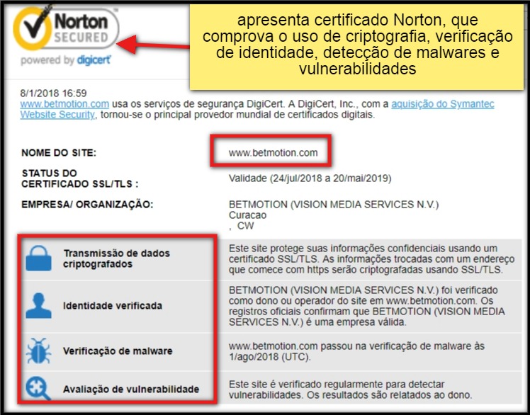 site de apostas betmotion é confiável "apresenta certificado Norton, que comprova o uso de criptografia, verificação de identidade, detecção de malwares e vulnerabilidades"