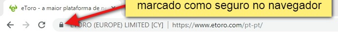 eToro marcado como seguro no navegador