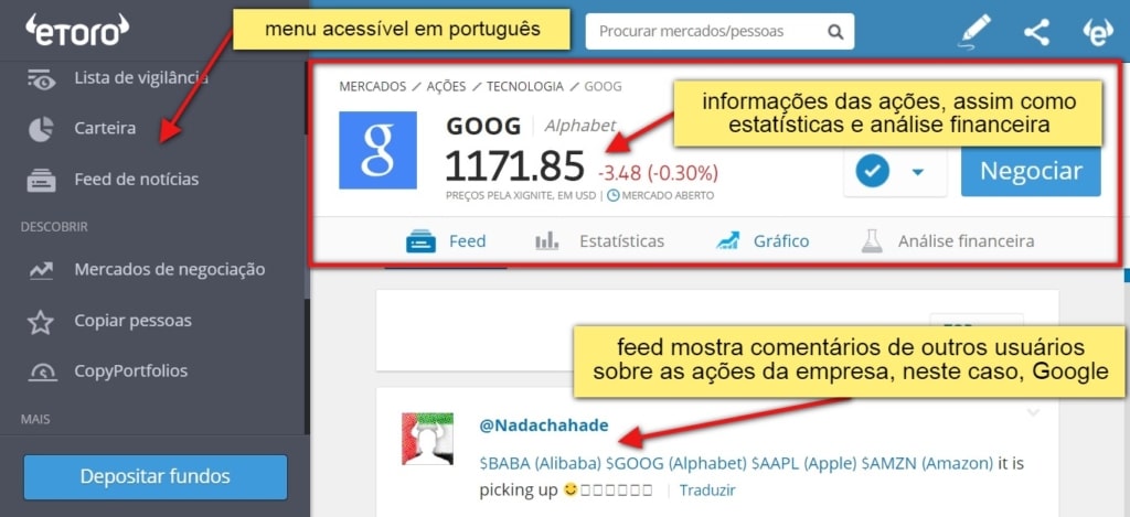 eToro como funciona - menu acessível em português