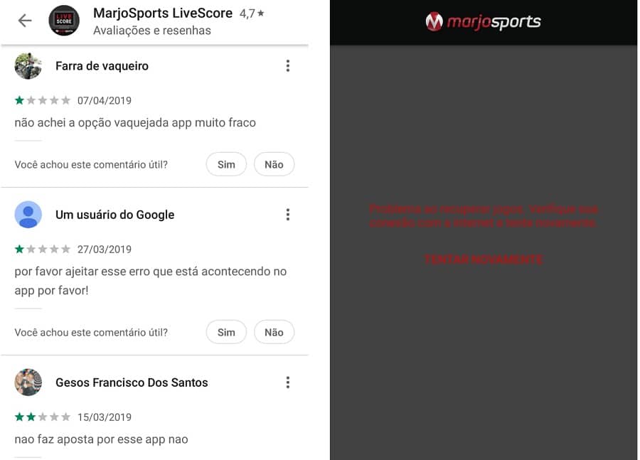 imagem mostra dificuldades dos usuários com app MarjoSports