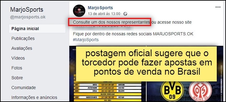"postagem oficial sugere que o torcedor pode fazer apostas em pontos de venda no Brasil"