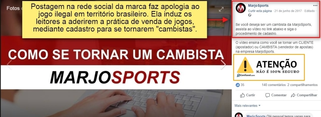 "postagem na rede social da marca faz apologia ao jogo ilegal em território brasileiro. Ela induz leitores a aderirem a prática de venda de jogos mediante cadastro para se tornarem cambistas"