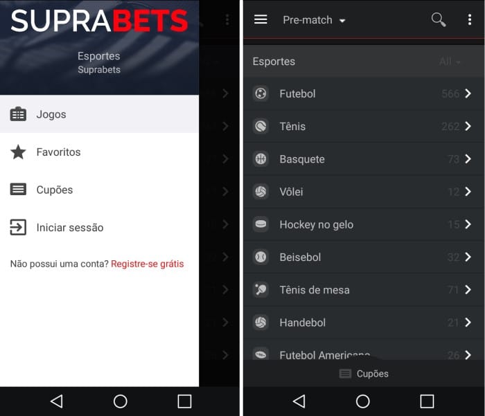 telas do app do sportsbook do suprabets