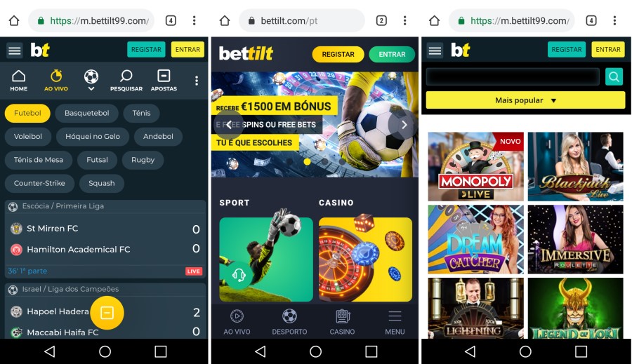 Telas do Bettilt no celular