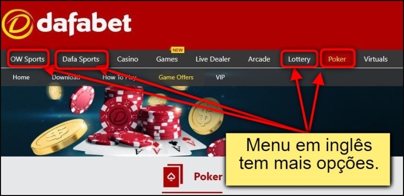 Menu em inglês do Dafabet