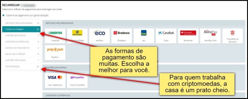 Detalhe da página de métodos de pagamento do 22bet