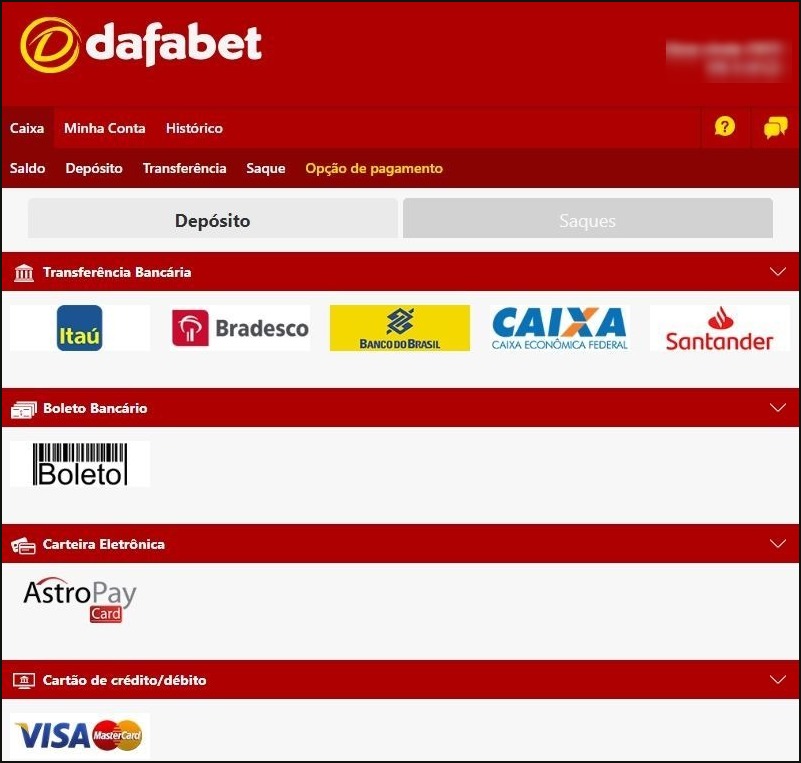 Imagem com diferentes formas de depósito do Dafabet