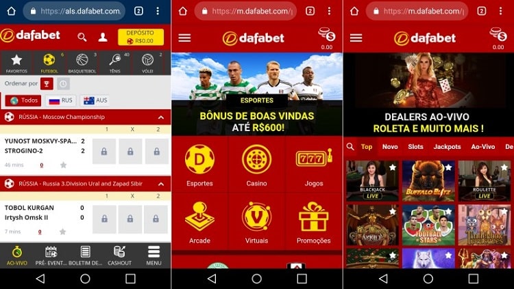 telas do ambiente mobile do dafabet