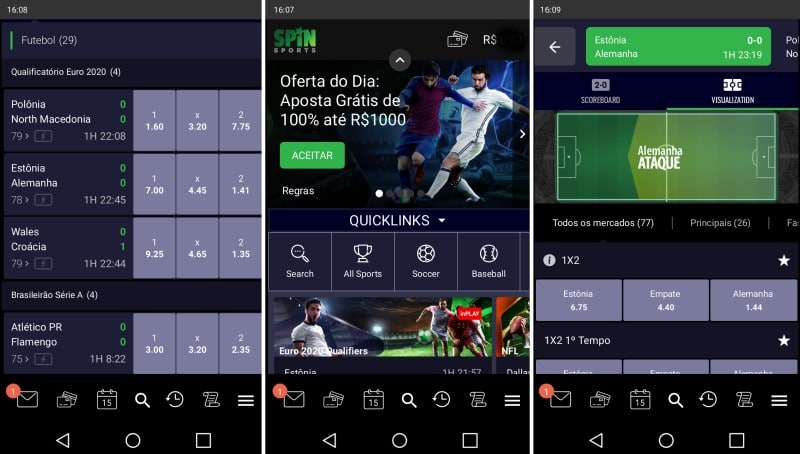 Site responsivo e no modo escuro do Spin Sports