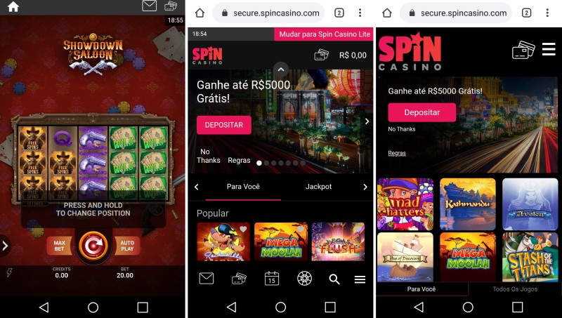 Site do Spin Casino no smartphone