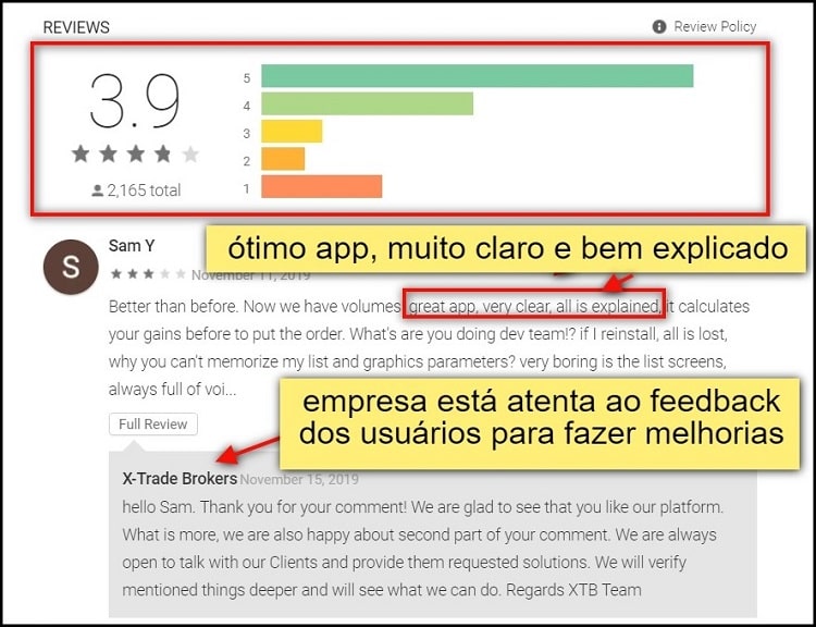 tela de avaliações do app xtb no playstore