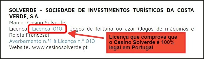 Licença do Casino Solverde no SRIJ