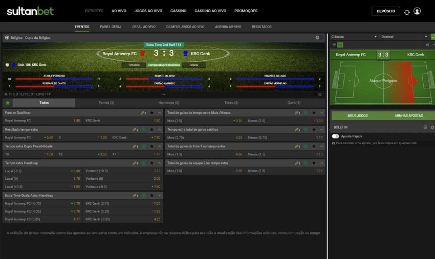Tela de apostas em futebol no Sultanbet Brasil
