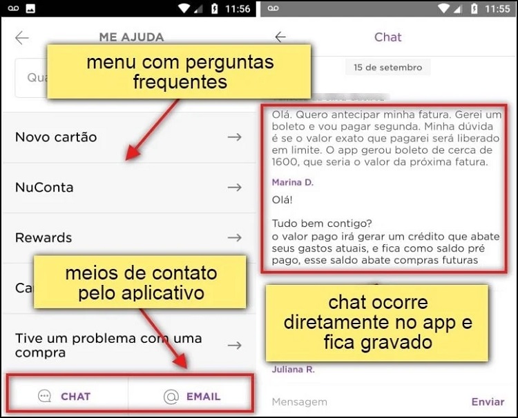 tela de atendimento via chat nubank