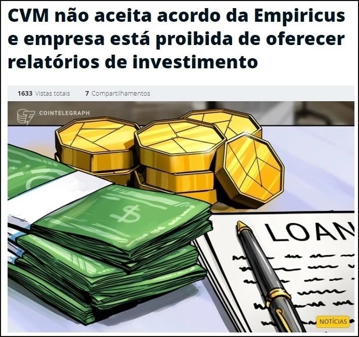 matéria do cointelegraph sobre proibição da empiricus pela cvm