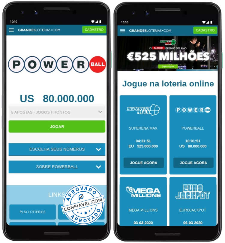 captura de tela do grandes loterias no celular