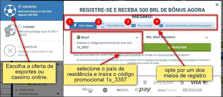 tela de registro do 1xbet com instruções de cadastro