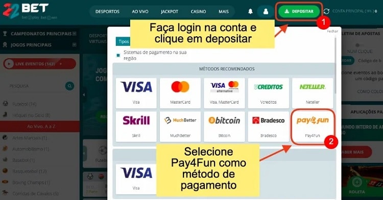 tela com procedimento de depósito no 22bet