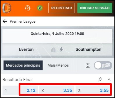 odds do Betano em jogo da Premier League