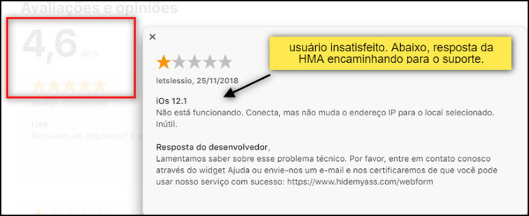 comentário de usuário na apple store hma vpn